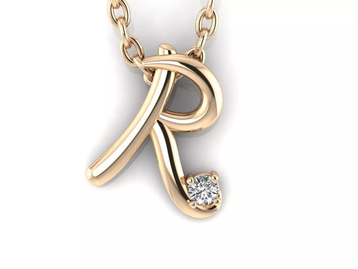 Pendant R initial gold with diamond 3D print model_0