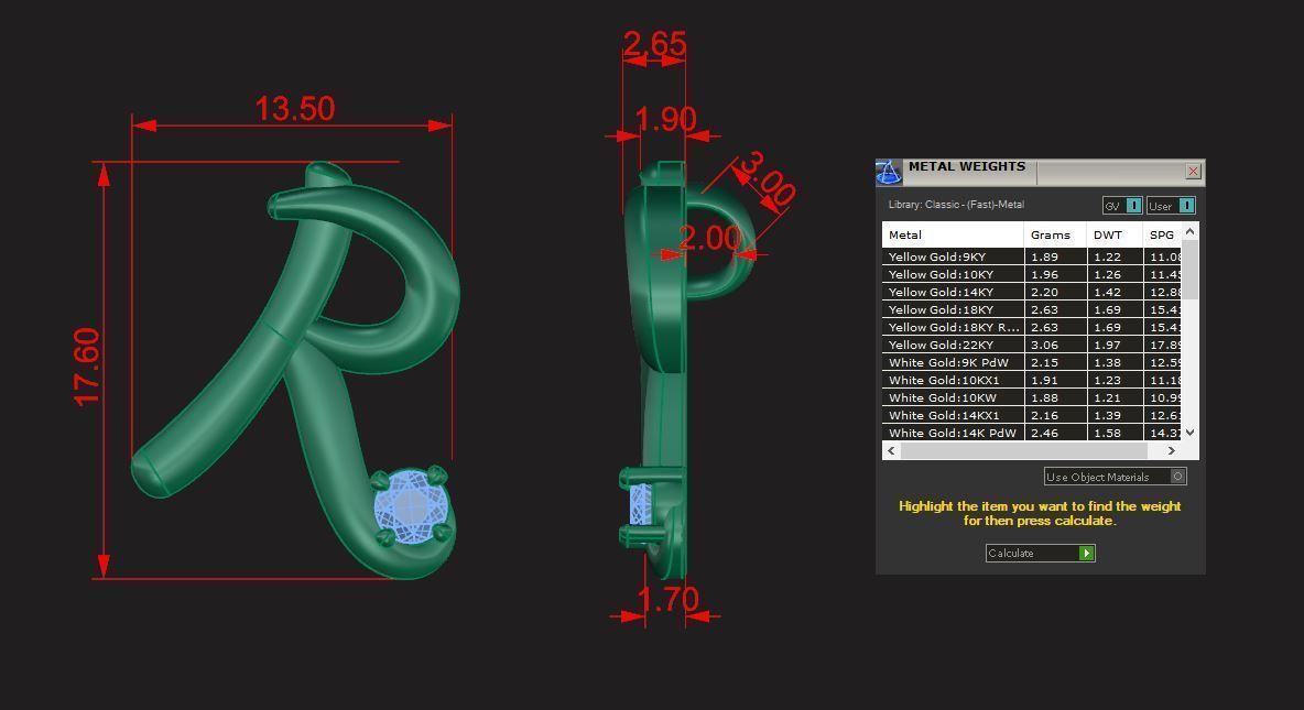 Pendant R initial gold with diamond 3D print model_6