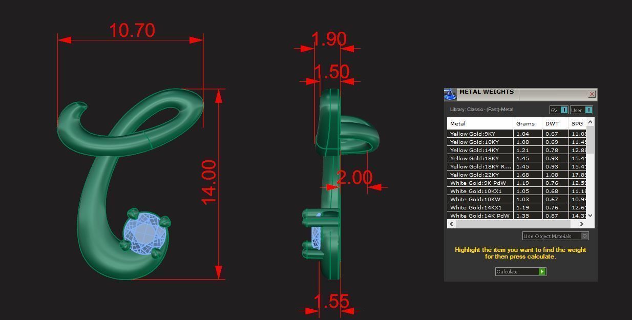 Pendant T diamond stud earring gold 3D print model_6