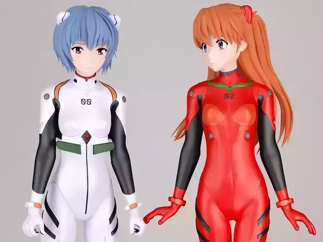 Rei Ayanami and Asuka Langley Soryu pose 01 3D model