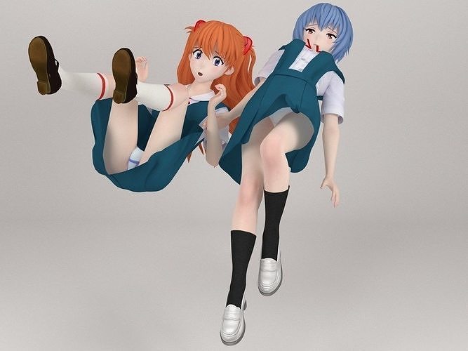 Rei Ayanami and Asuka Langley Soryu pose 02 3D model
