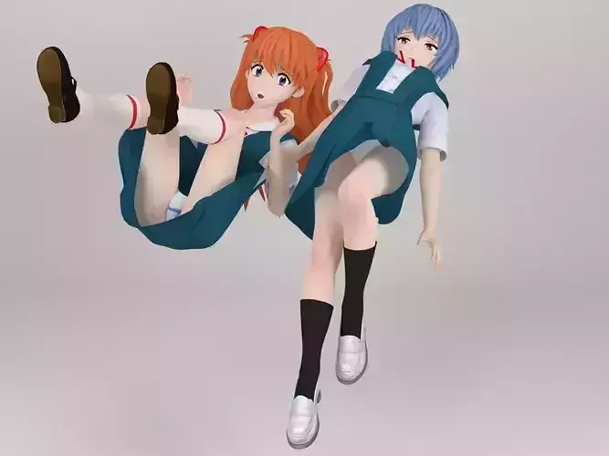 Rei Ayanami and Asuka Langley Soryu pose 02 3D model