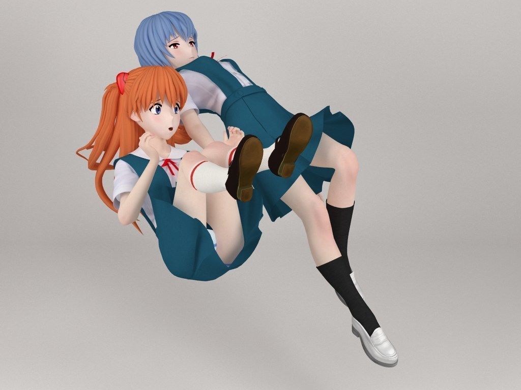 Rei Ayanami and Asuka Langley Soryu pose 02 3D model_5