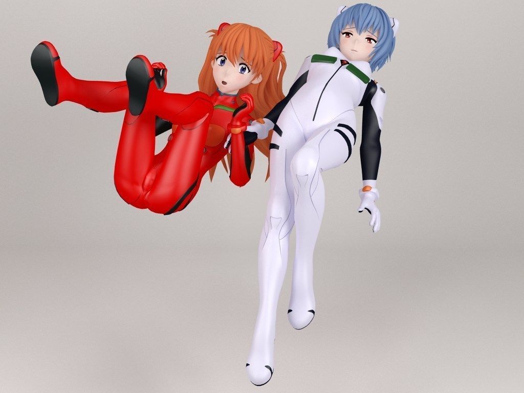 Rei Ayanami and Asuka Langley Soryu pose 02 3D model_1