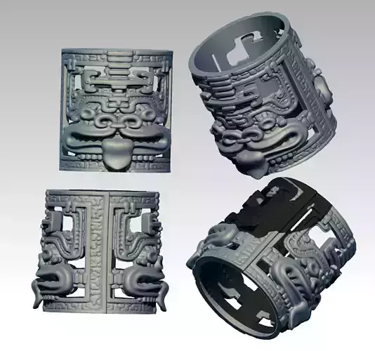 Woodoo Mayan Maori Carved Detailed Ring