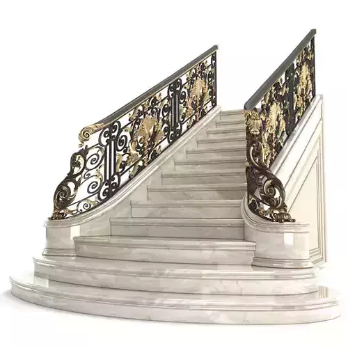 Classic marble staircase with wrought iron railing 3D model