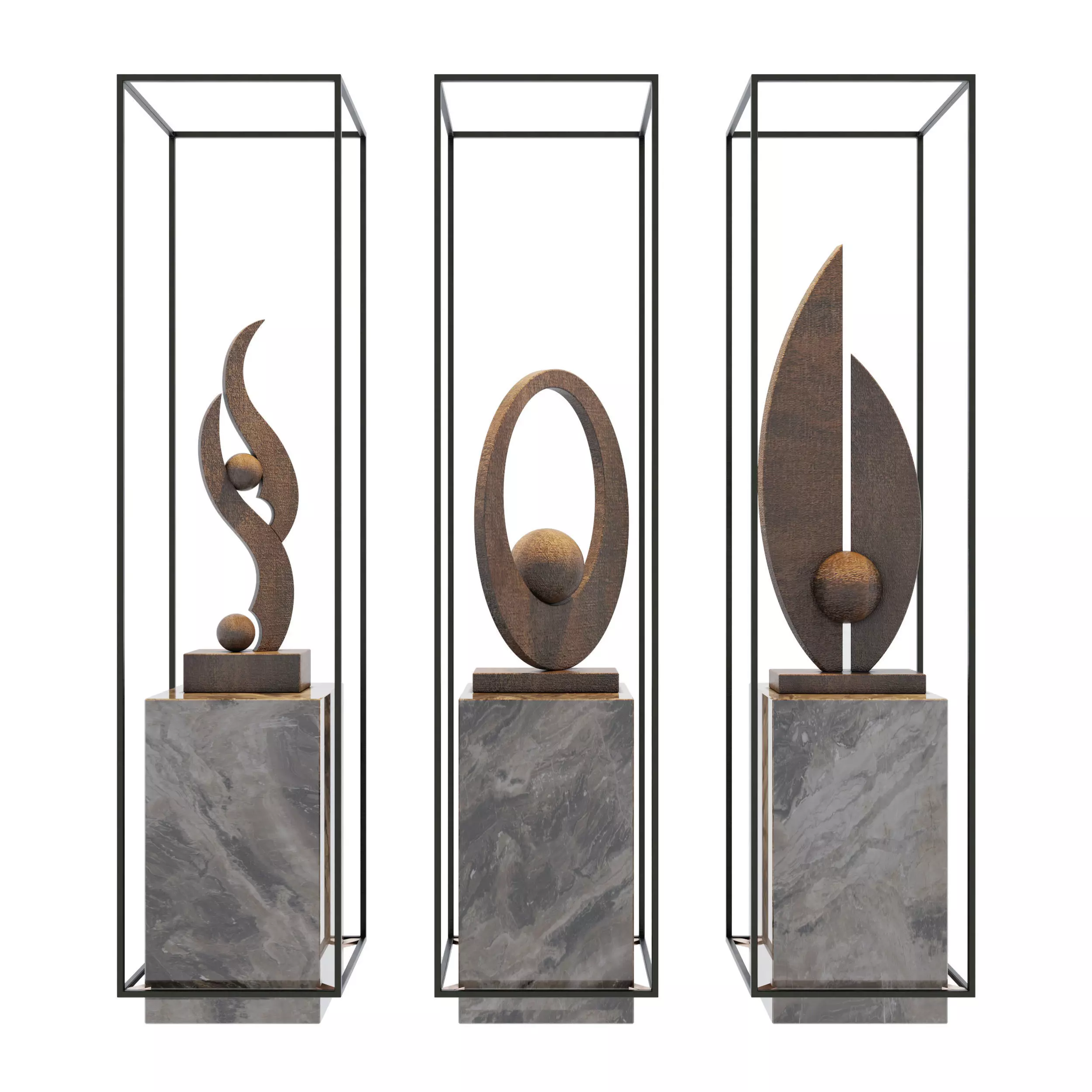 Decor three sculptures in metal frame 3D model_0