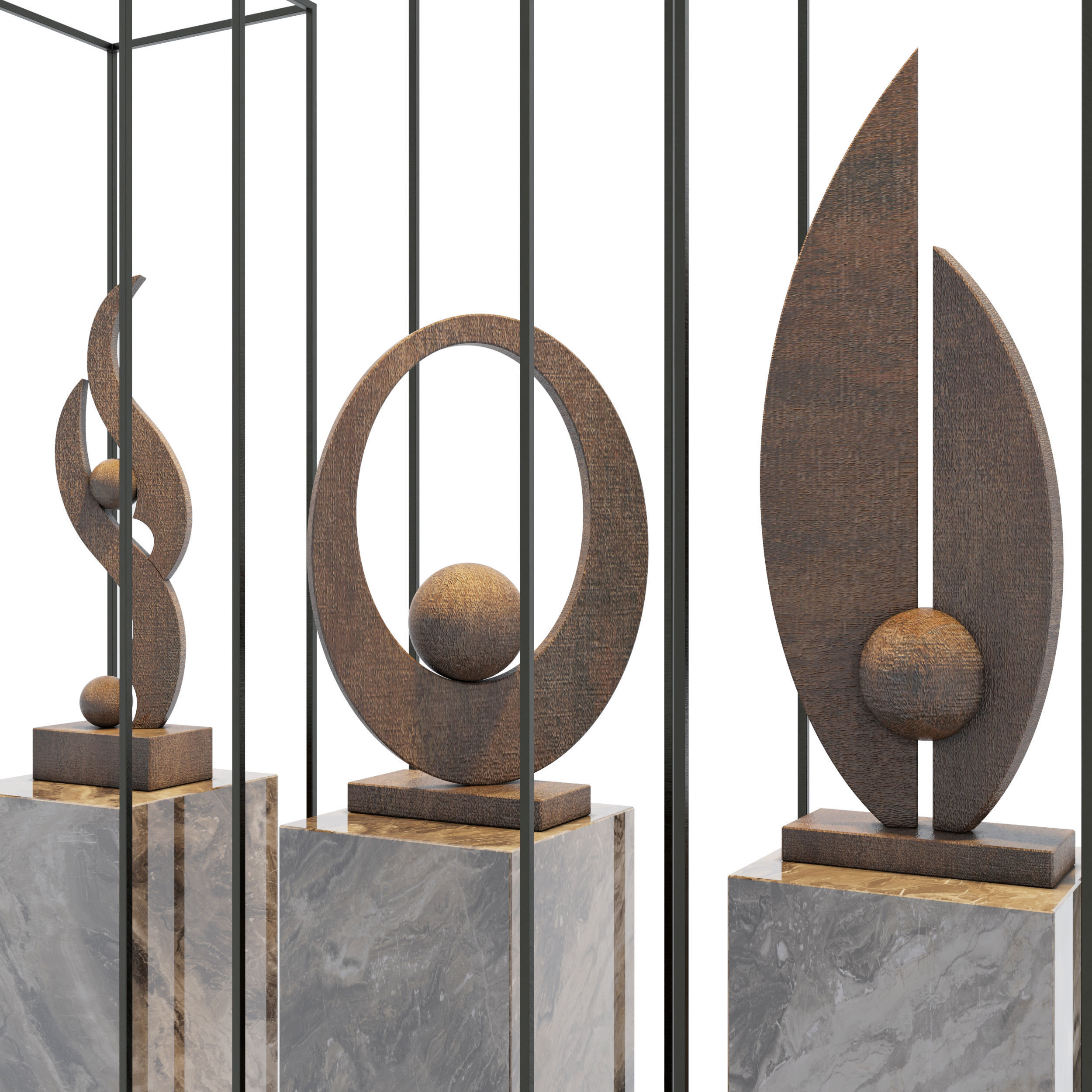 Decor three sculptures in metal frame 3D model_1