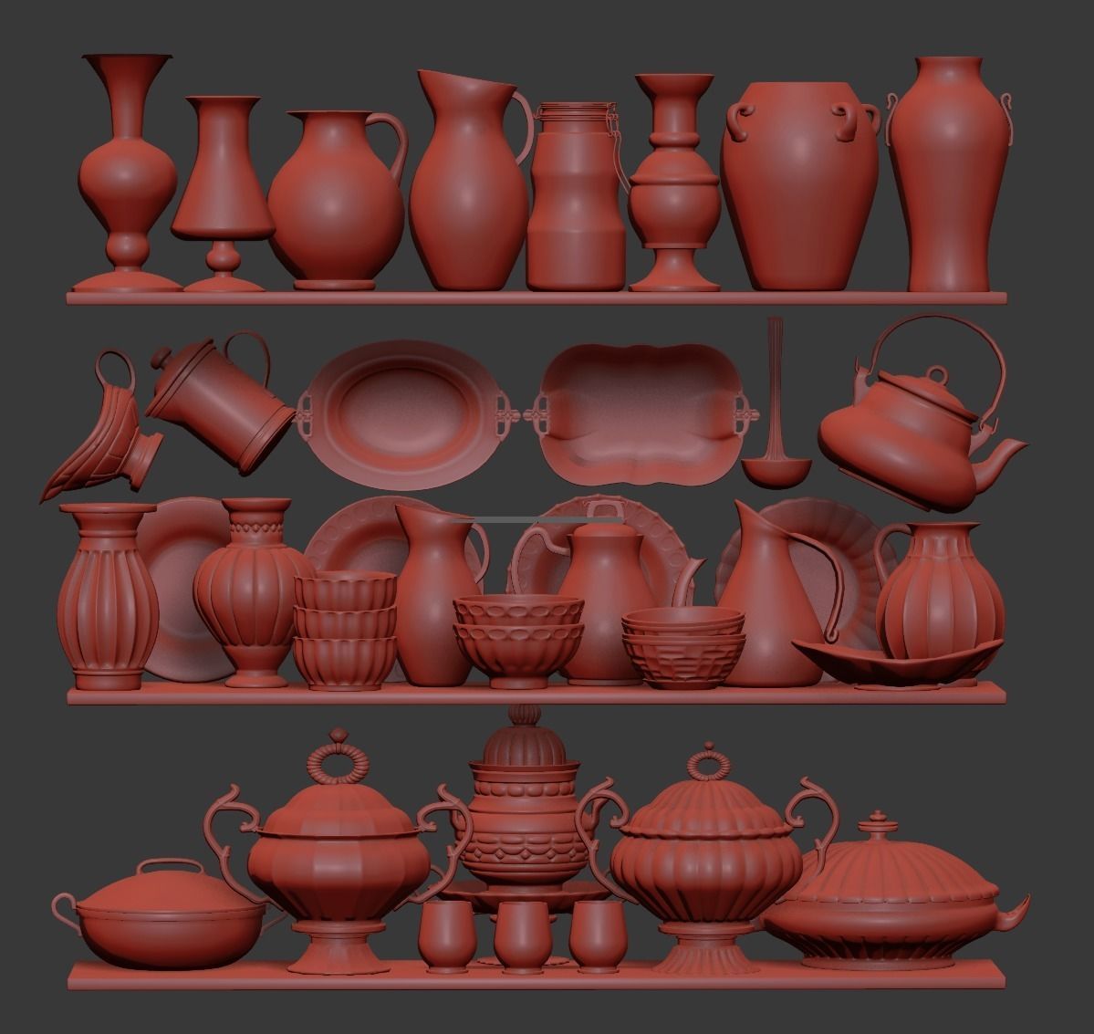 tableaware gold dishes on shelf 3D model_2