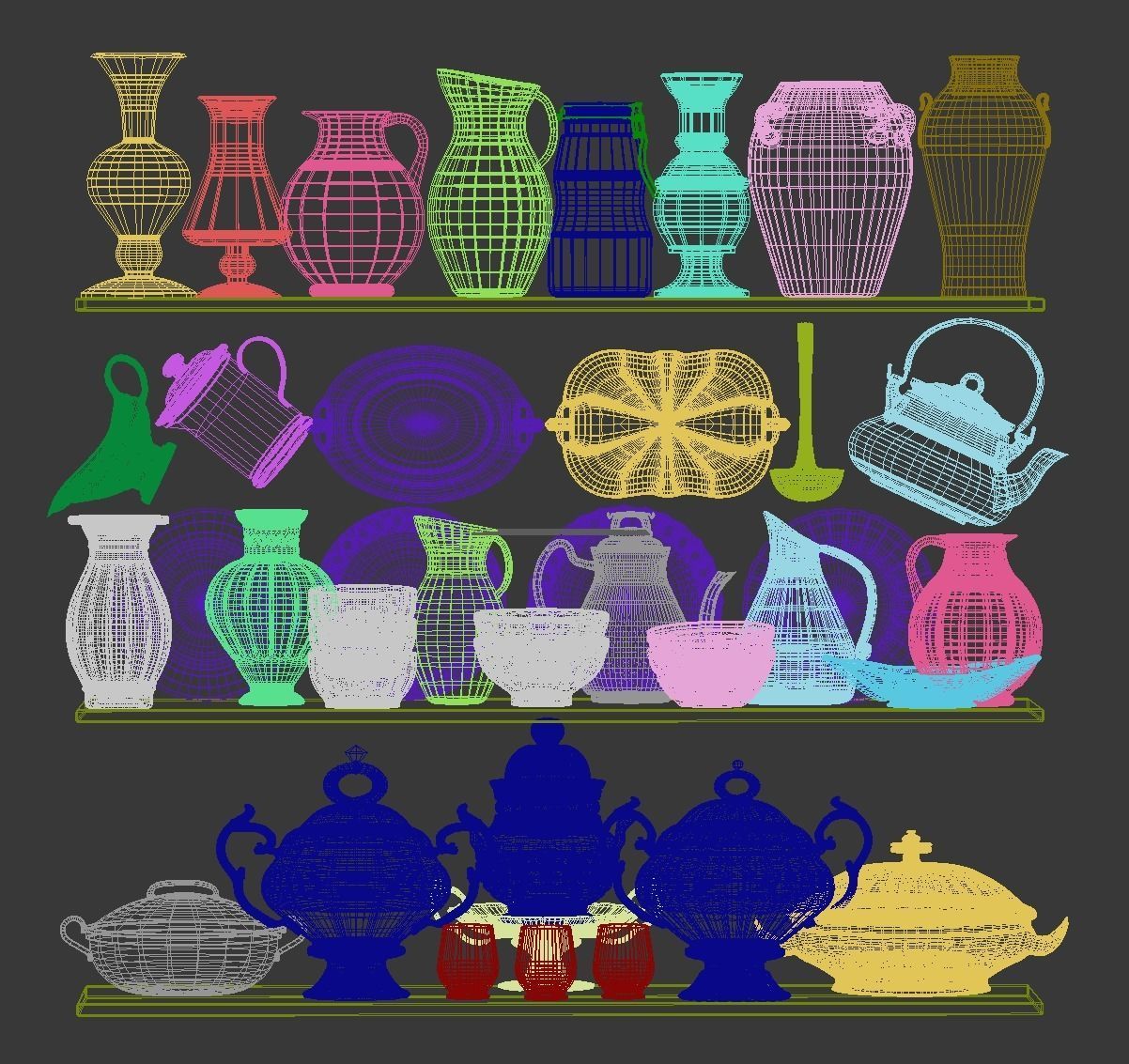 tableaware gold dishes on shelf 3D model_3