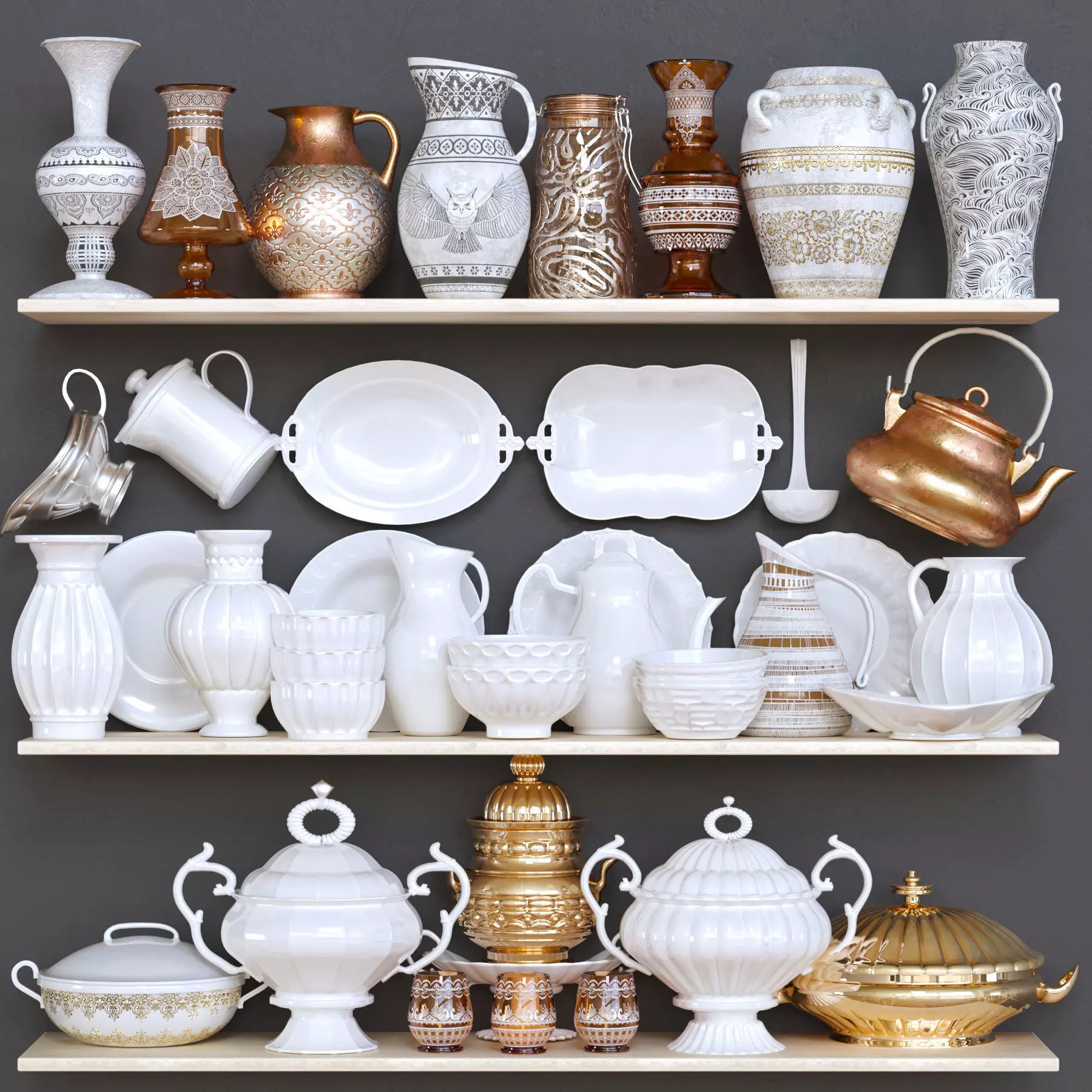 tableaware gold dishes on shelf 3D model_0