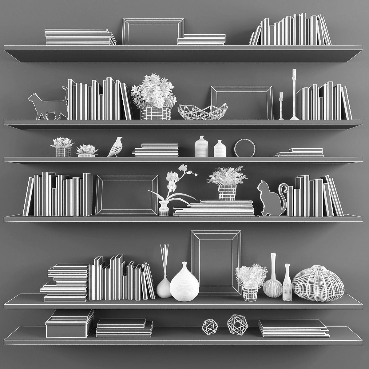 Decorative set shelf with books and plants Low-poly 3D model_2