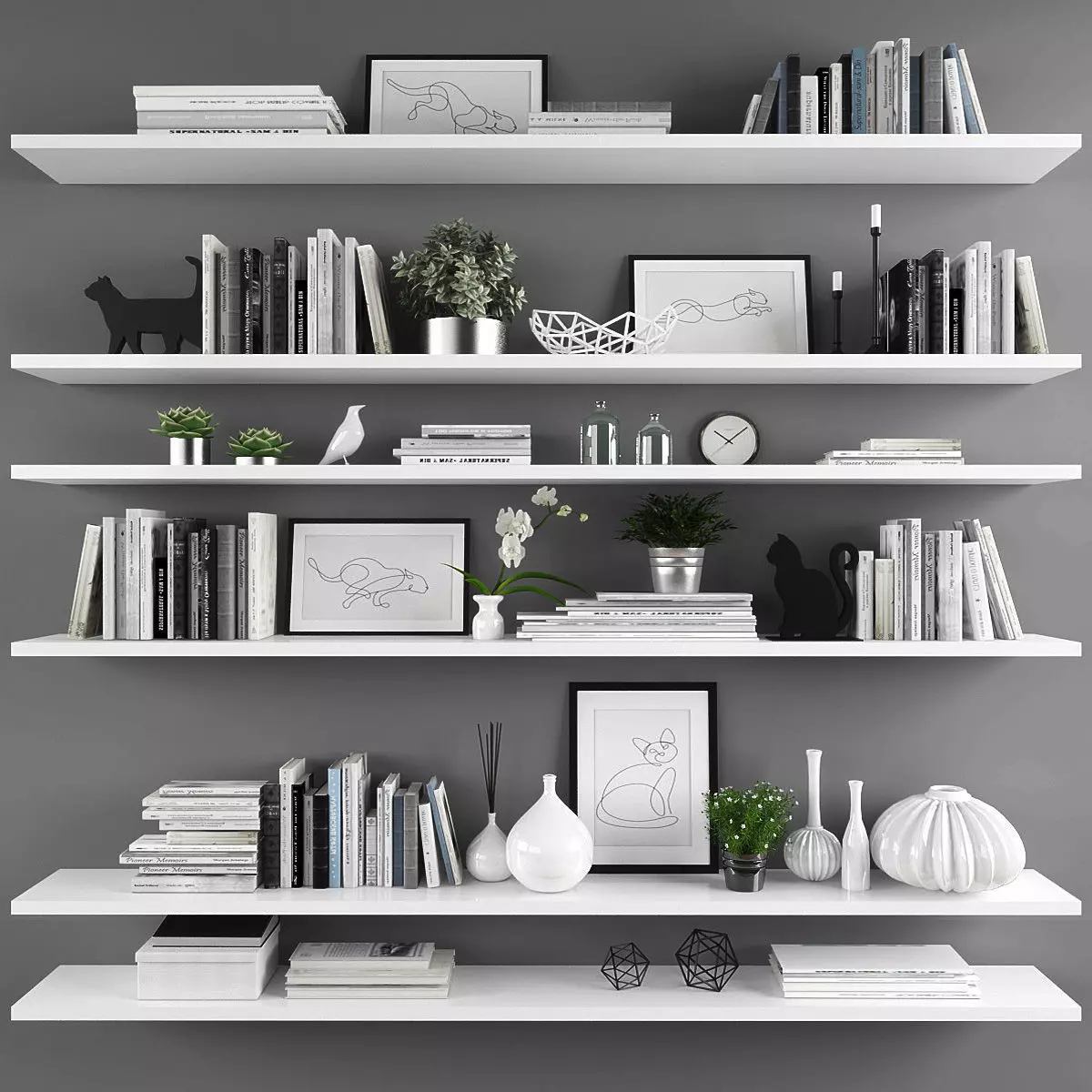Decorative set shelf with books and plants Low-poly 3D model_0