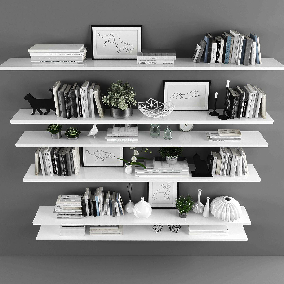 Decorative set shelf with books and plants Low-poly 3D model_1