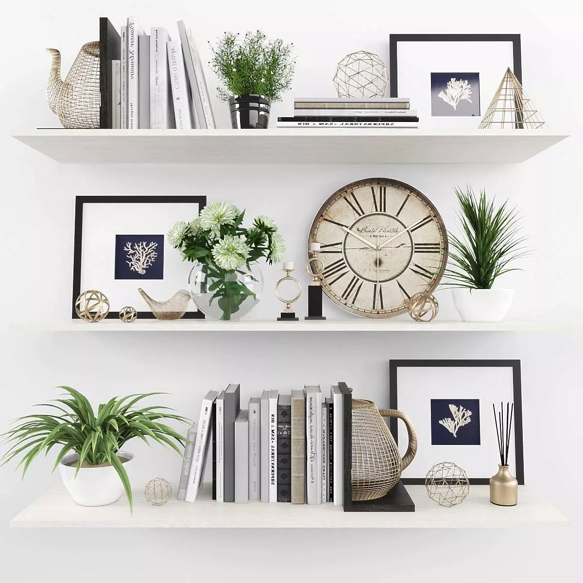 Decorative set shelves with plants and clock Low-poly 3D model_0