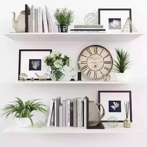 Decorative set shelves with plants and clock Low-poly 3D model