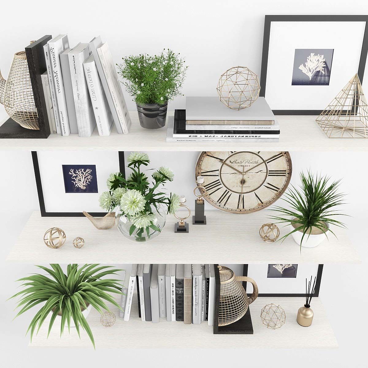 Decorative set shelves with plants and clock Low-poly 3D model_1