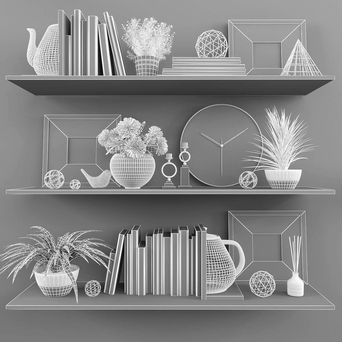 Decorative set shelves with plants and clock Low-poly 3D model_2