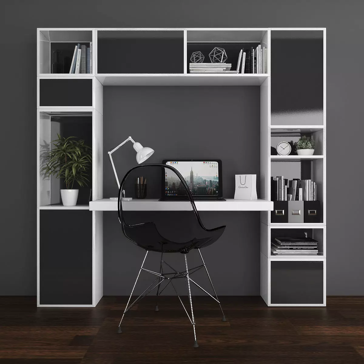 Workplace set desk with bookshelves and chair Low-poly 3D model_0