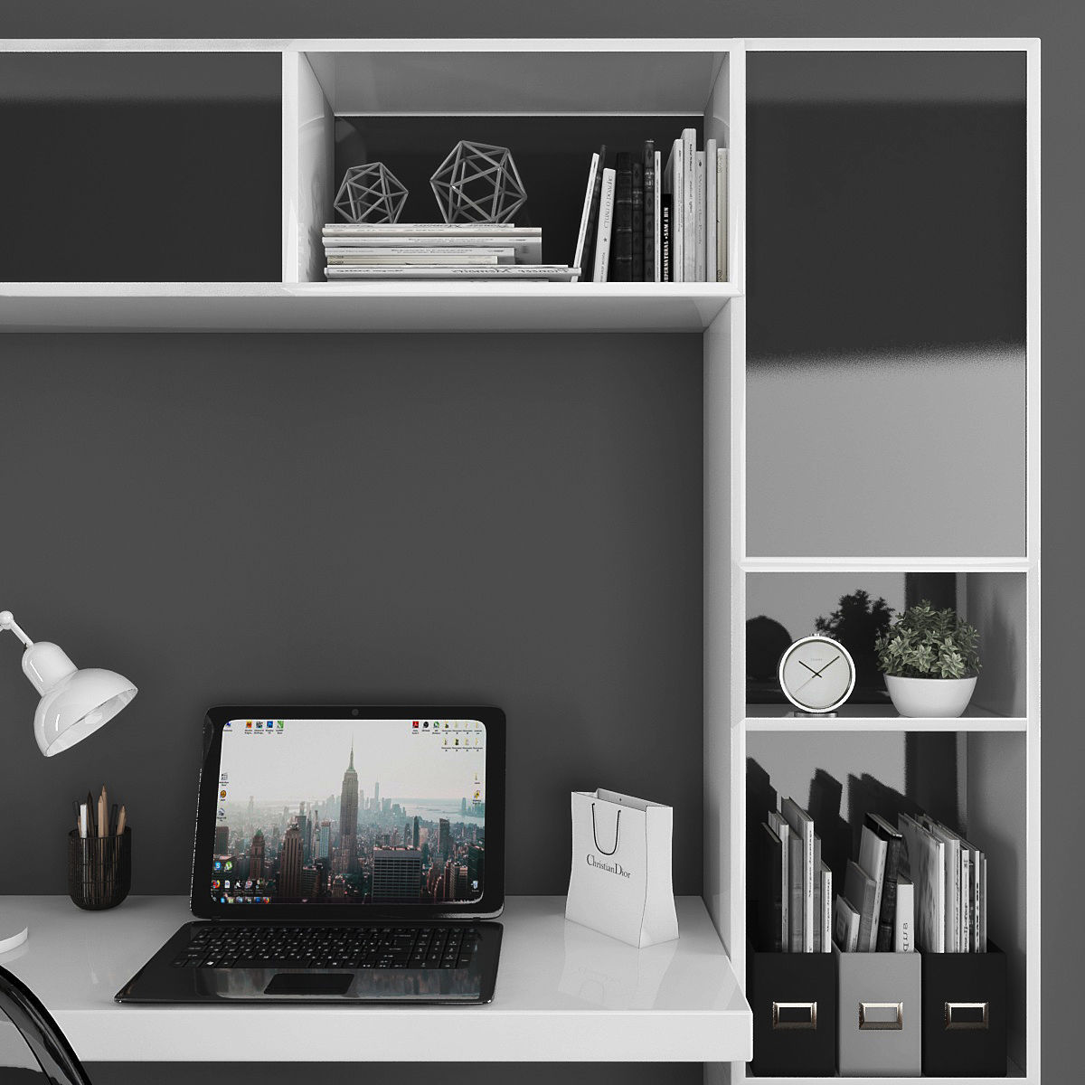 Workplace set desk with bookshelves and chair Low-poly 3D model_1