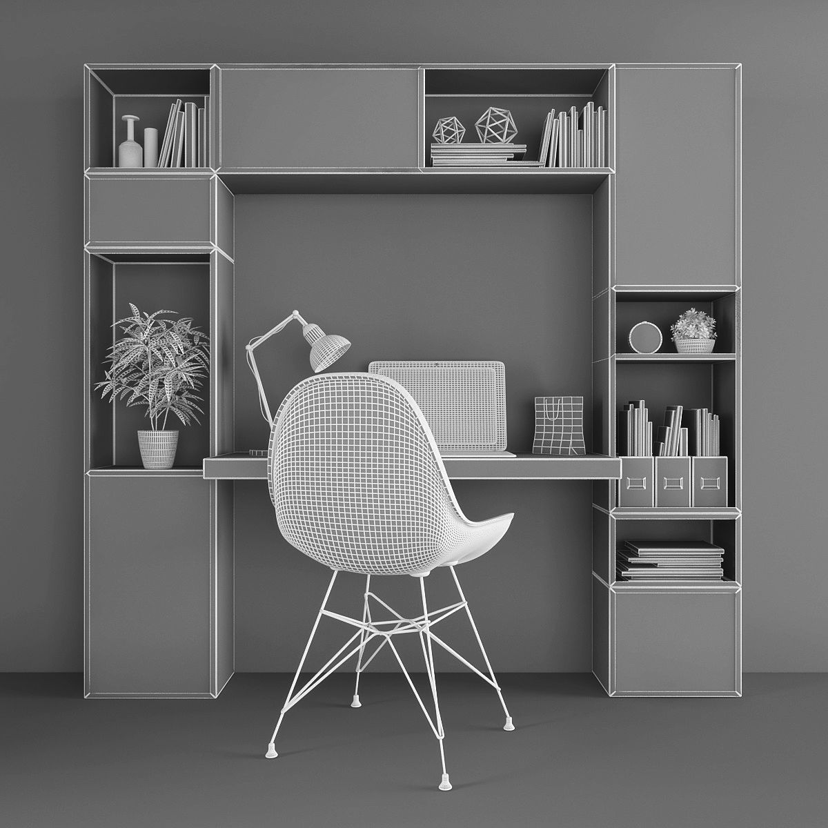 Workplace set desk with bookshelves and chair Low-poly 3D model_2