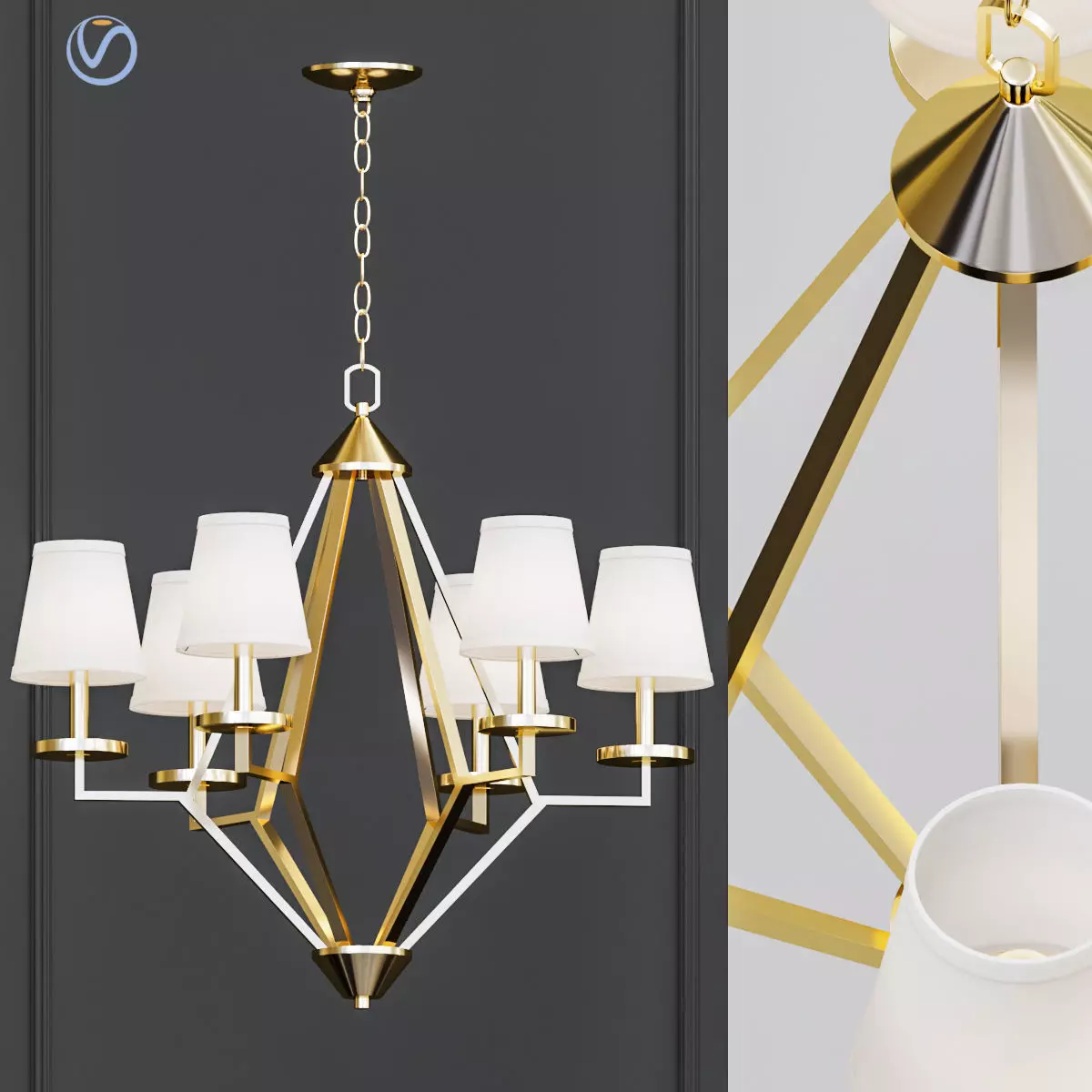 6 Light Washed Gold Chandelier 3D model_0