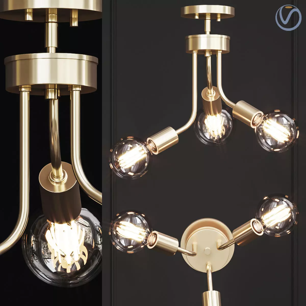 Zag 3 Light Antique Gold Leaf Chandelier 3D model_0