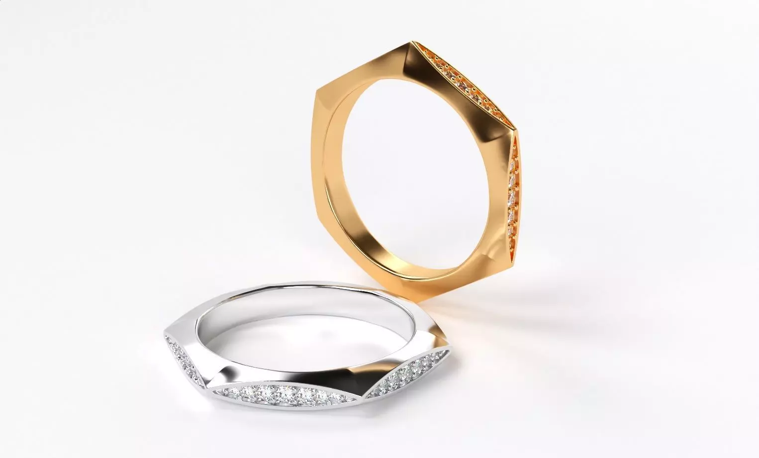 geometric gold wedding ring with diamonds 3D print model_0