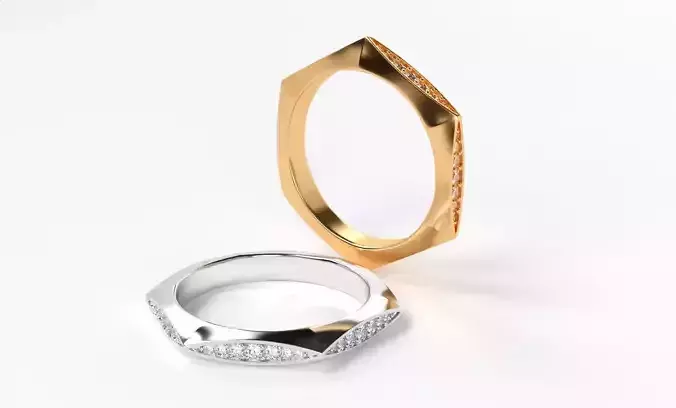 geometric gold wedding ring with diamonds 3D print model