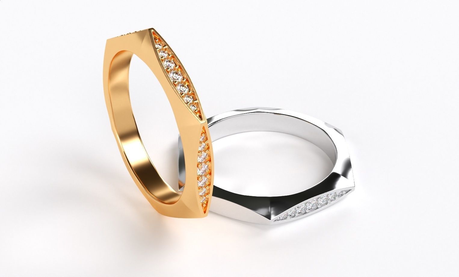 geometric gold wedding ring with diamonds 3D print model_3