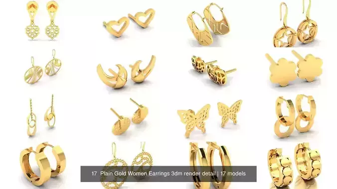 17  Plain Gold Women Earrings 3dm render detail 3D Model Collection
