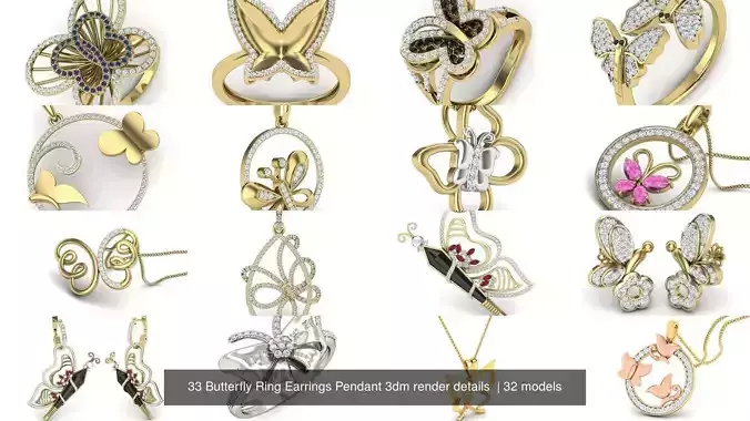 33 Butterfly Ring Earrings Pendant 3dm render details  3D Model Collection