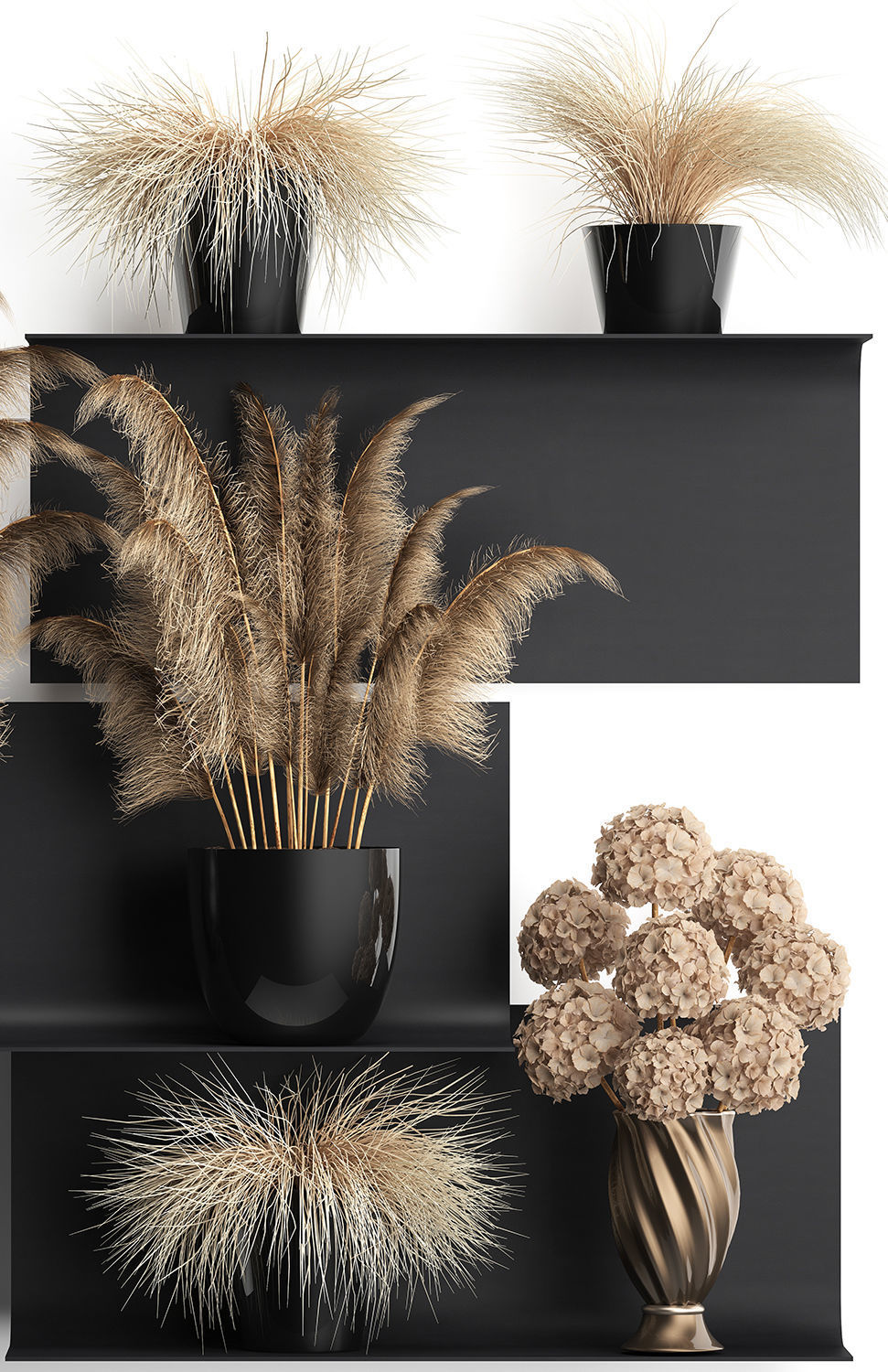 collection of dried flowers in vases 3D model_3