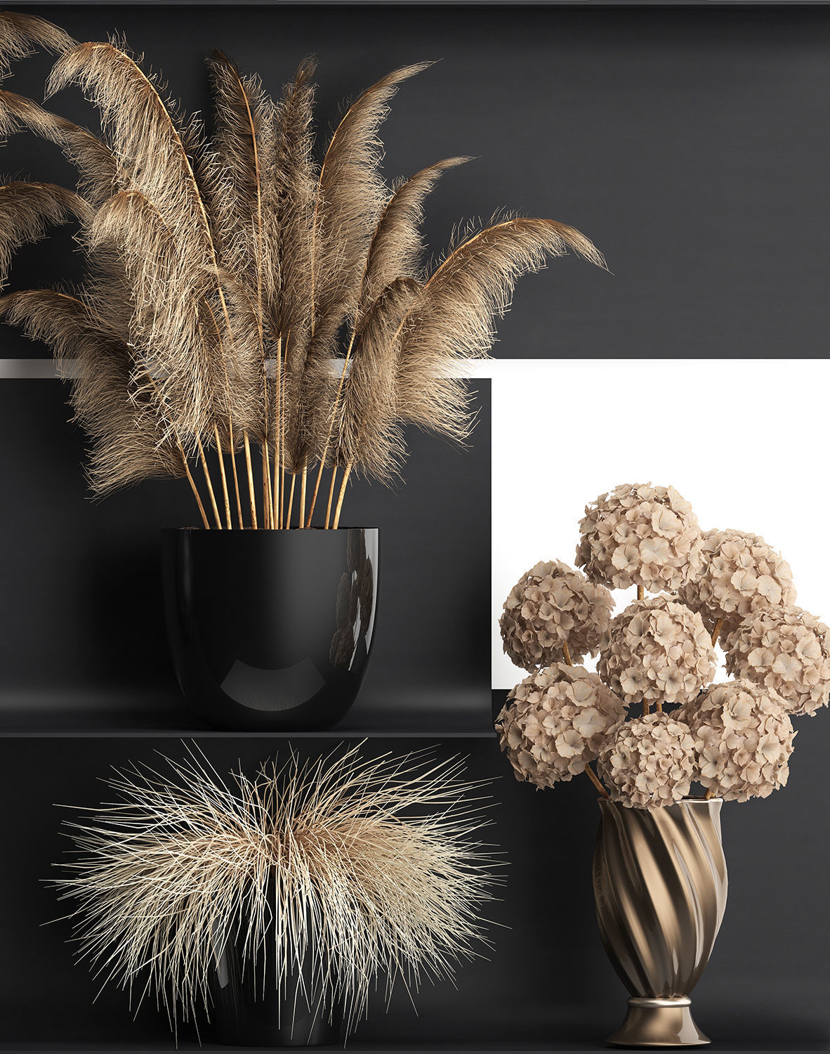 collection of dried flowers in vases 3D model_2