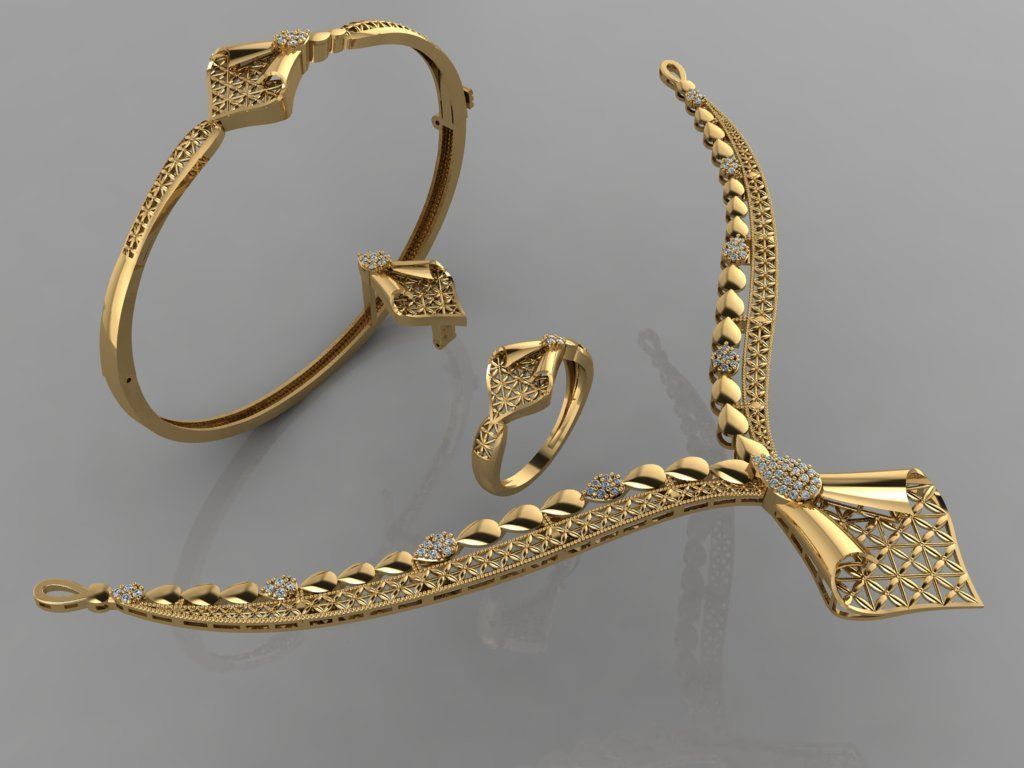 GC GOLD S006 - Diamond necklace earring ring bracelet gold set 3D print model_3