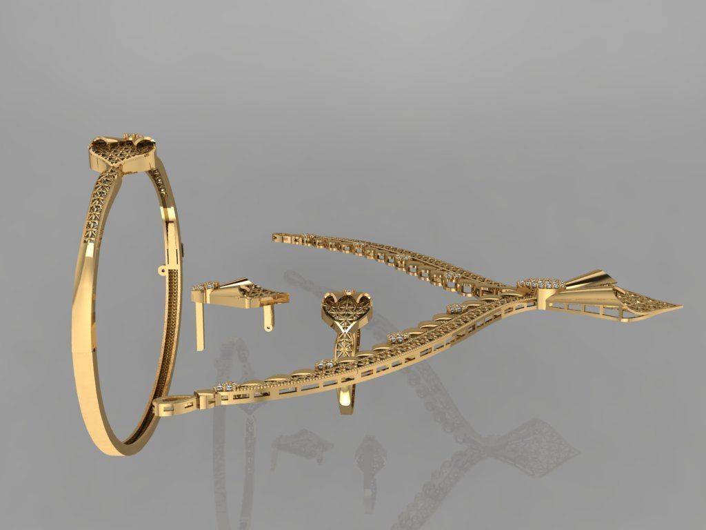 GC GOLD S006 - Diamond necklace earring ring bracelet gold set 3D print model_4