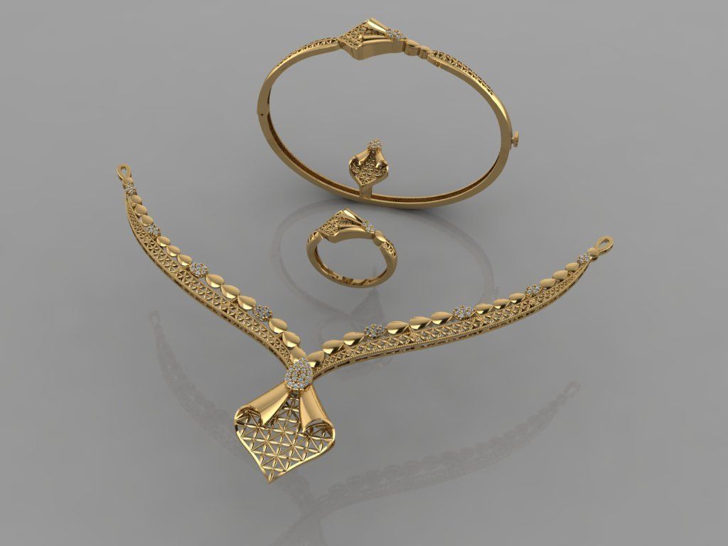 GC GOLD S006 - Diamond necklace earring ring bracelet gold set 3D print model_1