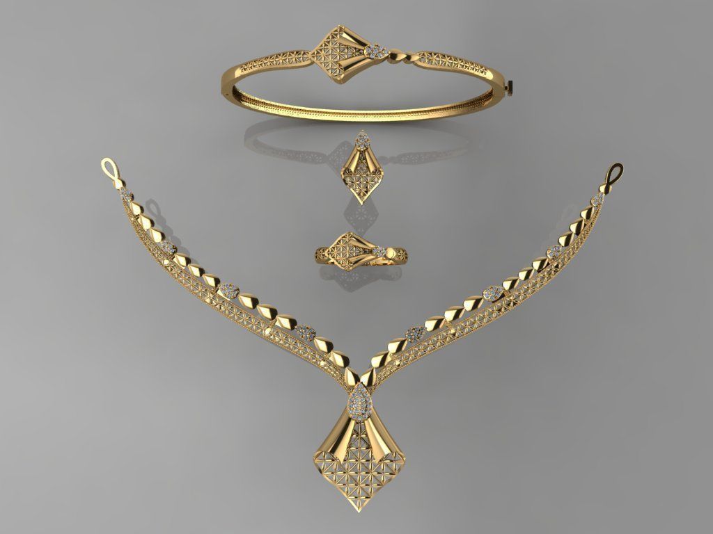 GC GOLD S006 - Diamond necklace earring ring bracelet gold set 3D print model_2