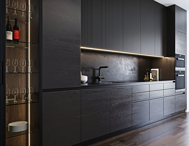 Black modern kitchen  3D model 4