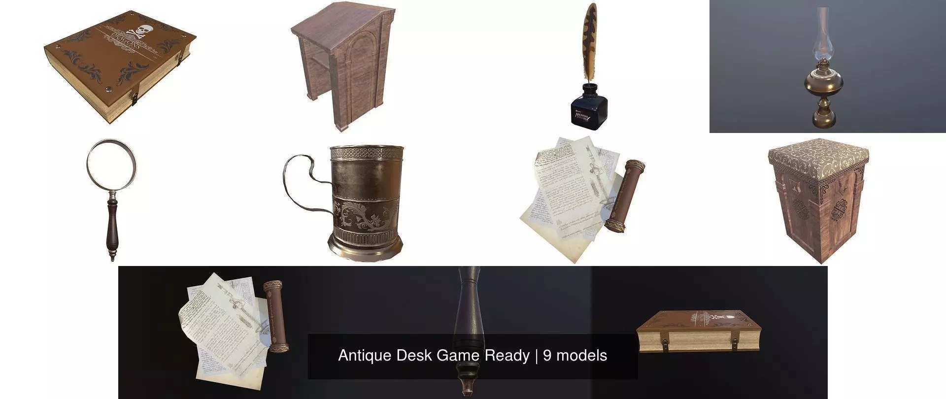 Antique Desk Game Ready 3D Model Collection_1