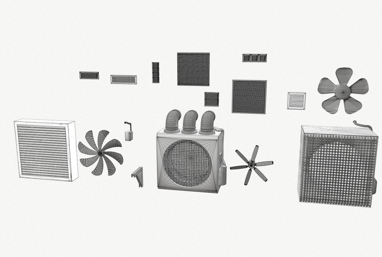 Industrial Exhaust Fans and vents pack Low-poly 3D model_16