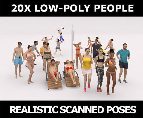 20x 3D PEOPLE LOW POLY SPORT SPORTS BEACH PEOPLE CROWD Low-poly 3D model