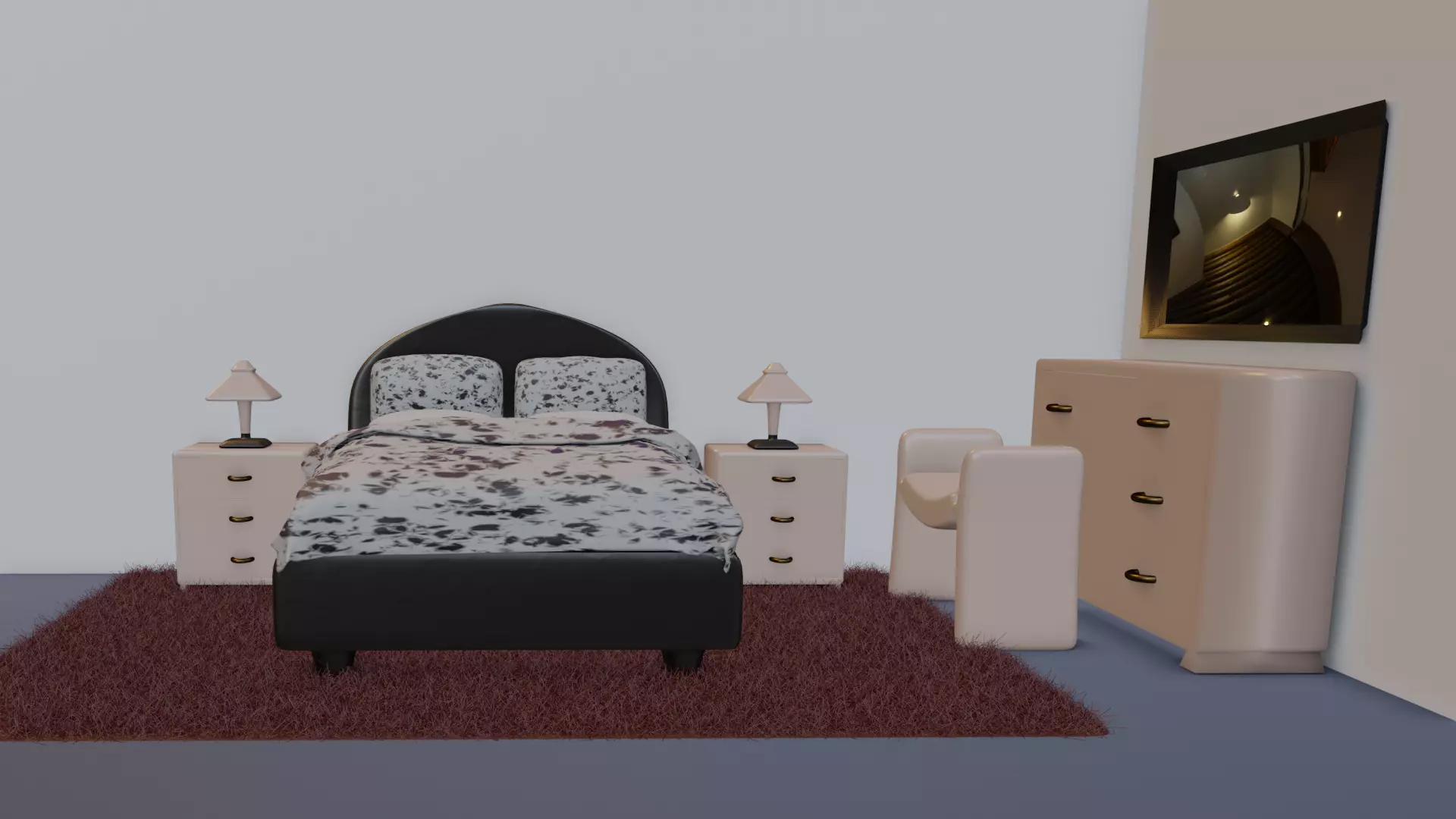 Bedroom with bed and dresser Free 3D model