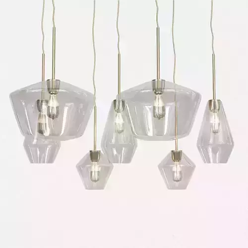 Sculptural five glass pendant lights hanging from wall