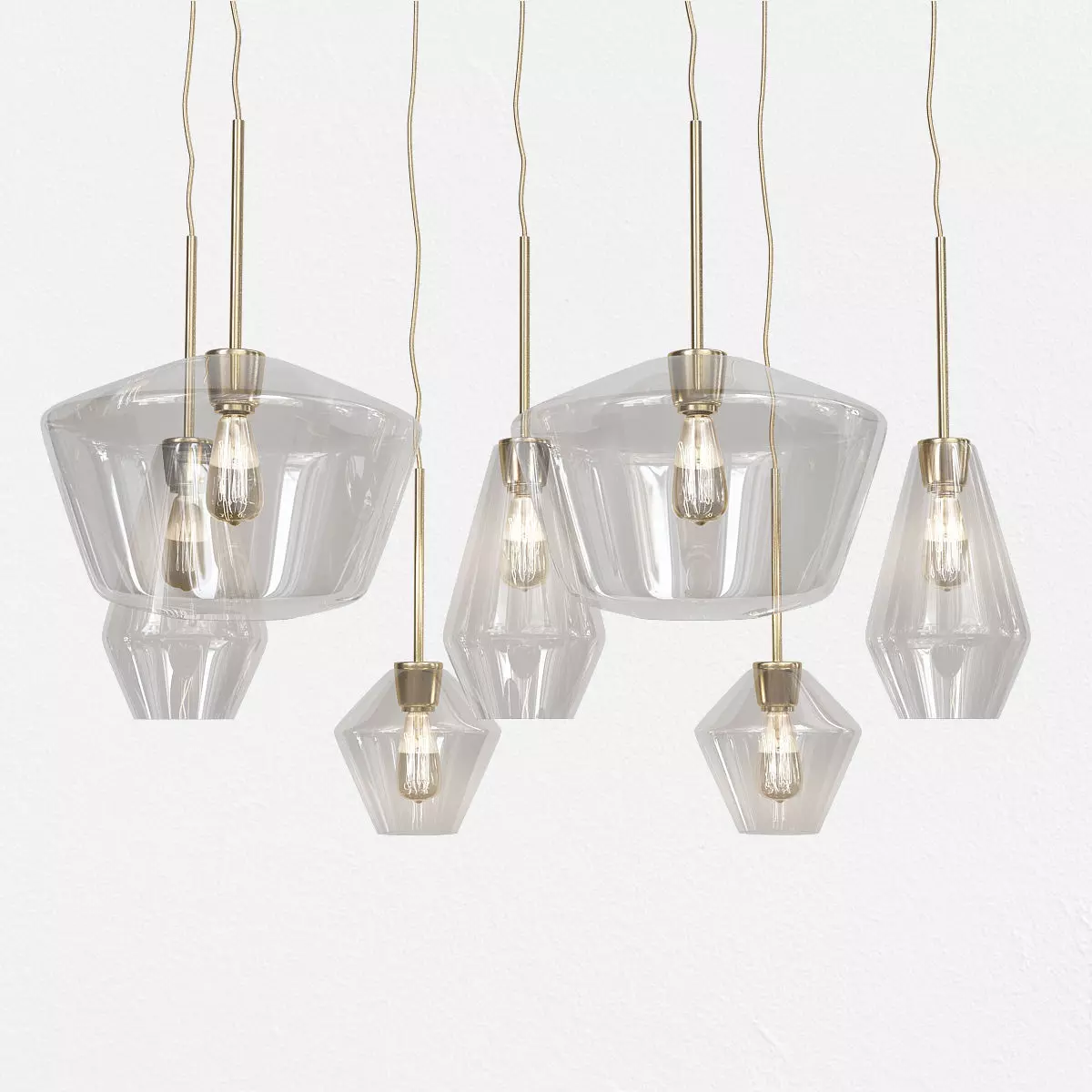 Sculptural five glass pendant lights hanging from wall 3D model