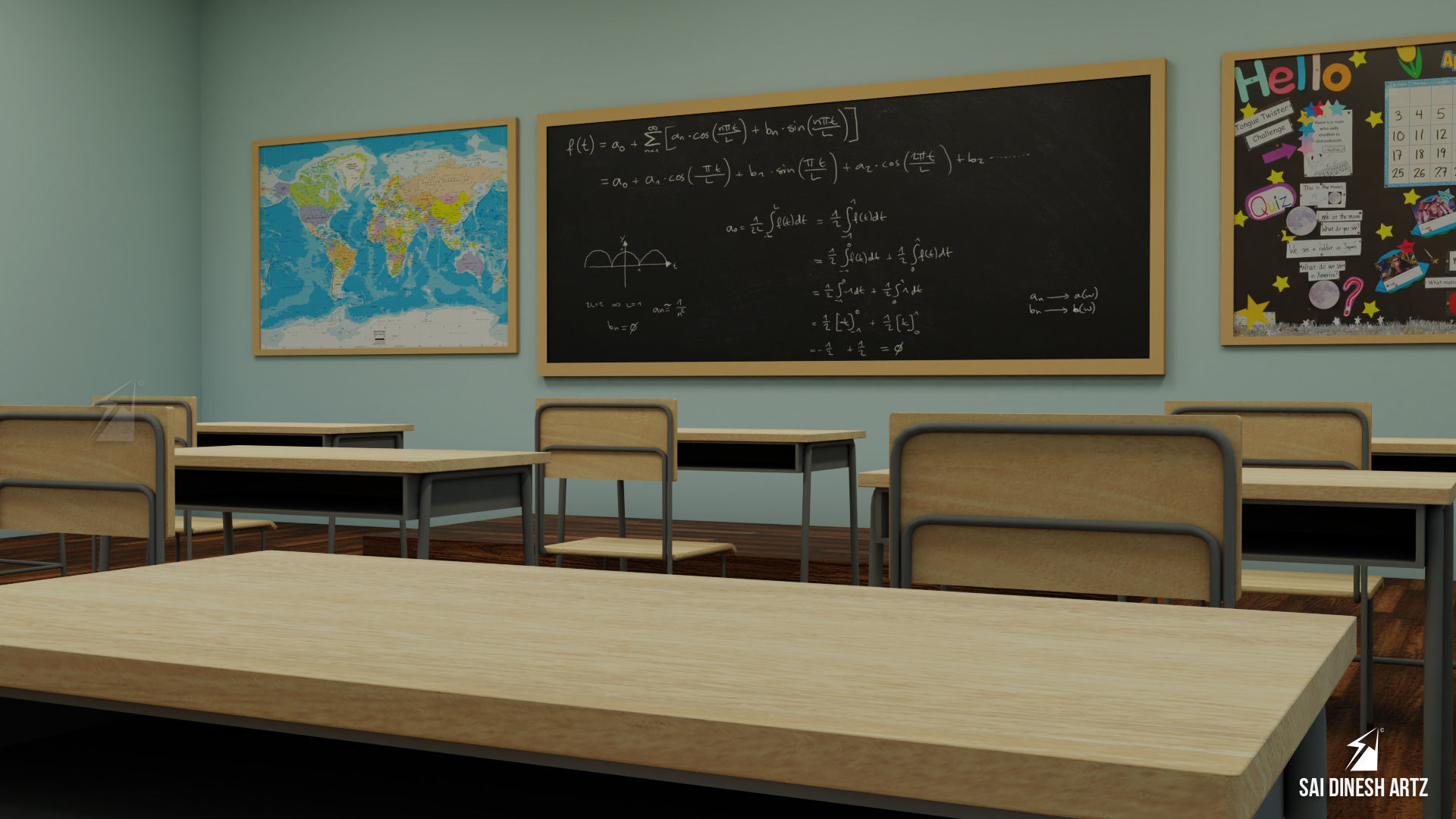 Classroom with chairs and blackboard Low-poly 3D model_2
