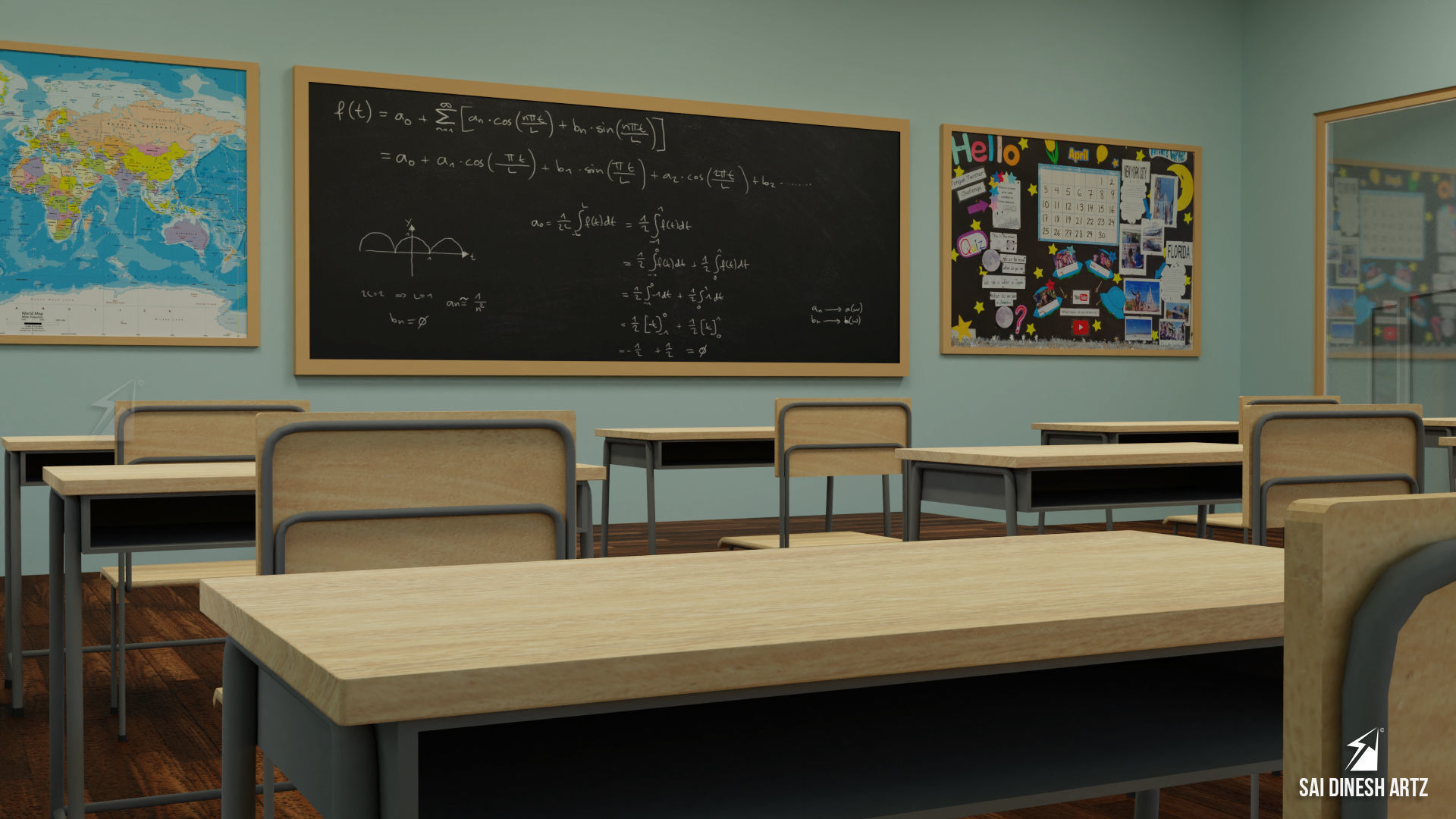 Classroom with chairs and blackboard Low-poly 3D model_1