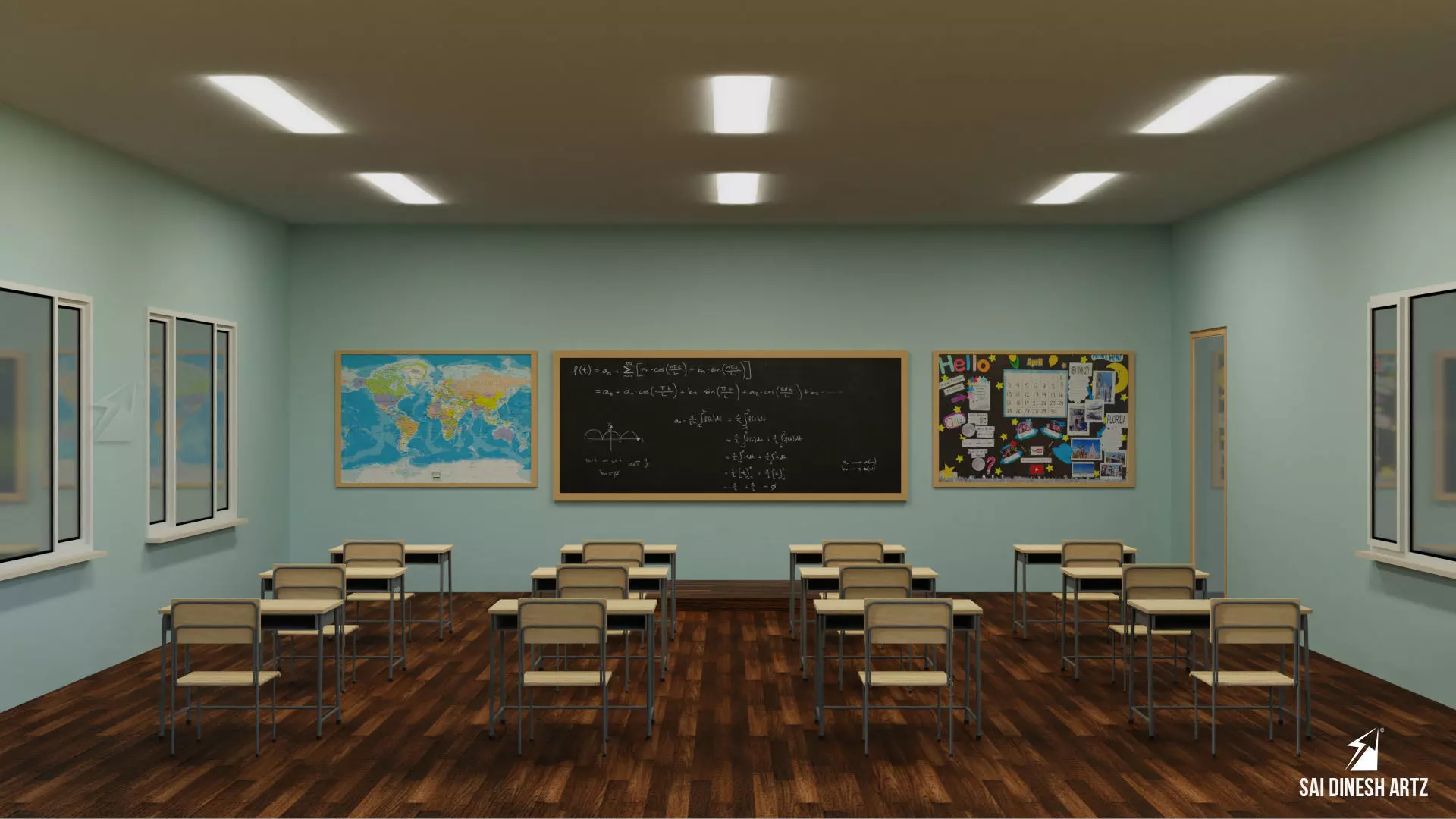 Classroom with chairs and blackboard Low-poly 3D model_0
