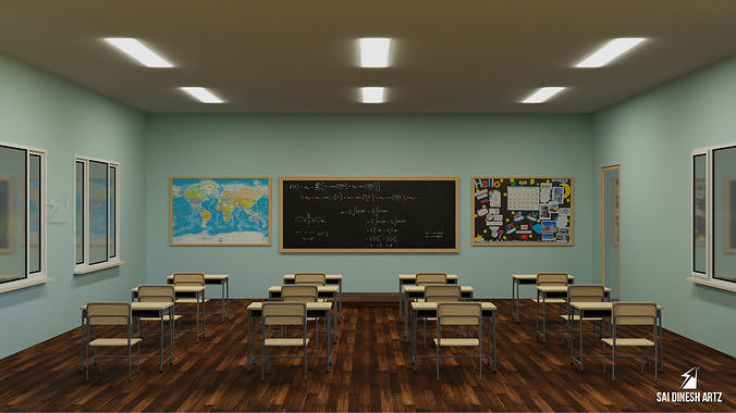 Classroom with chairs and blackboard Low-poly 3D model