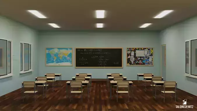 Classroom with chairs and blackboard Low-poly 3D model